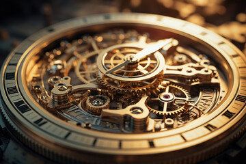 Poster - a close-up of gears and cogs turning inside a vintage industrial clock. concept of precise timekeepi