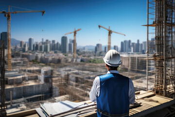 Poster - An engineer wearing a hard hat and inspecting a construction site with blueprints in hand. Concept of urban development. Generative Ai.