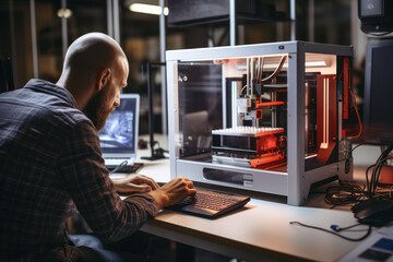 Poster - a technician using a 3d printer to create a prototype of a new product. concept of additive manufact