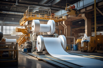 Poster - a paper mill with huge rolls of paper in various stages of production. concept of paper manufacturin