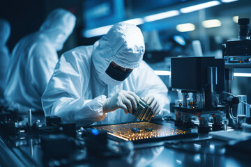 Poster - A technician in a cleanroom assembling intricate microchips for electronic devices. Concept of semiconductor manufacturing. Generative Ai.