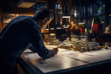 Poster - An architect meticulously drawing building plans on a drafting table. Concept of architectural design. Generative Ai.
