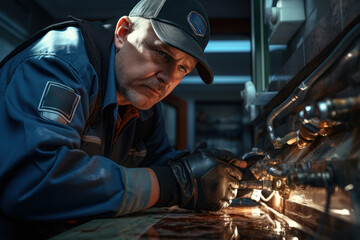 Poster - A plumber repairing a leaking pipe in a residential home. Concept of plumbing services. Generative Ai.