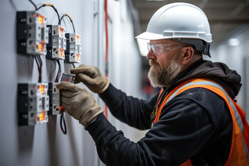 Poster - An electrician installing wiring in a new building construction. Concept of electrical services. Generative Ai.