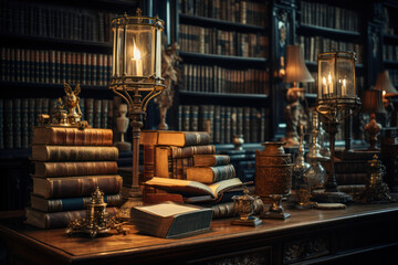 Poster - a dusty old library filled with leather-bound books and dimmed reading lamps. concept of timeless kn