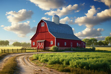 A Classic Red Barn In A Rural Landscape, An Emblem Of Farming History. Concept Of Vintage Agriculture. Generative Ai.