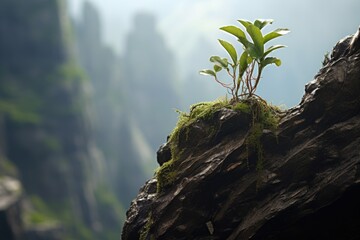 Wall Mural - a resilient plant sprouting from a rugged mountain cliff