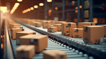 Closeup Of Multiple Cardboard Box Packages Seamlessly Moving Along A Conveyor Belt In A Warehouse Fulfillment Center, A Snapshot Of E-commerce, Delivery, Automation And Products.