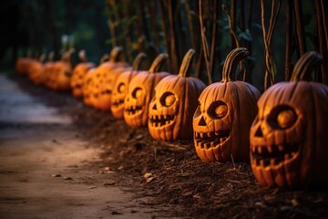 Wall Mural - spooky carved pumpkins lined up