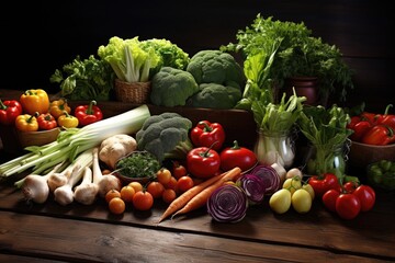 Wall Mural - an assortment of raw, organic vegetables on a wooden table