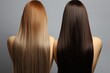 Dark and light straight hair close-up. Brunette and blonde with long straight hair. Hairdressing treatments