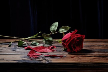 Poster - a wilting red rose dropping petals on a dark wooden table