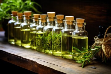 Poster - bottles of homemade herbal tinctures on a polished wooden shelf