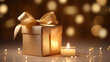 A golden gift box illuminated by soft candlelight setting a romantic mood.