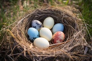 different sized eggs nesting together in a birds nest