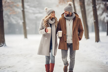 Couple Walking In A Snowy Park Holding Hands And Sipping Hot Cocoa.