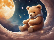 Cute Fairytale Teddy Bear Sleeps On The Moon. Oil Painting