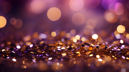 Wall Mural - christmas golden light shine particles bokeh on purple background. holiday concept. abstract backgro