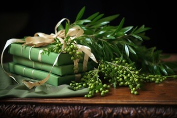 Poster - green mistletoe sprig on top of pile of wrapped christmas presents