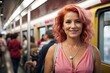 © kapros76 - A happy attractive redhead mature woman wearing pink dress is traveling by metro from his work to home. Generative Ai.