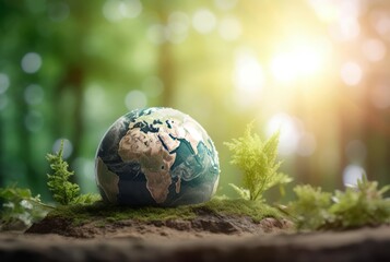 Poster - green eco planet sun light. forest protection. generate ai