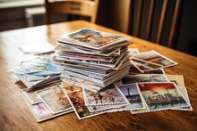 A Stack Of Postcards With Different Kinds Of Stamps