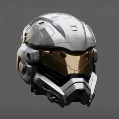 Wall Mural - Modern and Futuristic War Helmet Isolated on Gray Background