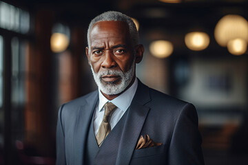 Wall Mural - Portrait of an African American serious senior business man in a suit in an office. Confident successful businessman in a suit indoors looking at camera