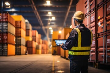 Wall Mural - A professional male employee wearing a hard hat checks stock and inventory with a digital tablet computer in a retail warehouse filled with shelves with merchandise, working in logistics.