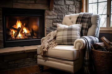 Wall Mural - comfortable chair next to a cozy fireplace