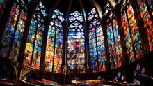 A Mosaic Of Colorful Stained Glass Fragments, Radiating Light And Intricate Patterns, Reminiscent Of Grand Cathedral Windows
