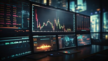 A detailed LED display showing financial data with daily market prices, price quote charts, and candle tracking, illustrating the complexity of modern trading.