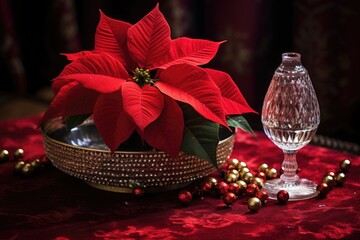 Sticker - poinsettia plant on red velvet with glass bell decorations