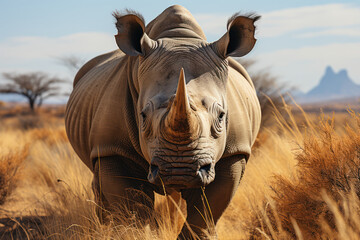 Wall Mural - A critically endangered Northern white rhinoceros, one of the last of its kind, under protection in a wildlife sanctuary. Generative Ai.