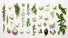 A top-down view of fresh garlic bulbs and an assortment of aromatic culinary herbs like rosemary, thyme, and basil, neatly arranged on a clean white background.