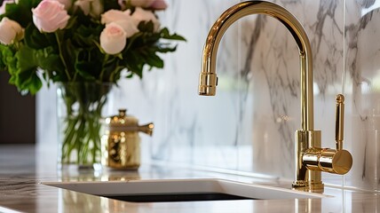 a luxurious kitchen with a massive marble-topped island as the centerpiece, adorned with a gleaming gold faucet.