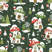 Seamless Vector Pattern With Cute Winter Mushroom Houses, Snowflakes And Snowy Trees. Hand Drawn  Christmas Wallpaper Design. Perfect For Textile, Wallpaper Or Nursery Print Design.