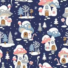 Wall Mural - Seamless vector pattern with cute winter mushroom houses, snowflakes and snowy trees. Hand drawn  Christmas wallpaper design. Perfect for textile, wallpaper or nursery print design.