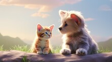 A Curious Puppy Tenderly Embracing A Tiny Kitten. Both Pets Gaze Upwards In Unison, Their Eyes Filled With Wonder And Innocence, Set Against A Clean White Background.