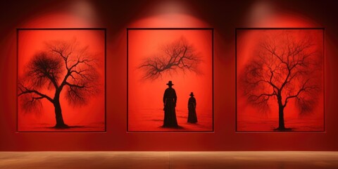 Wall Mural - Three framed pictures of a man standing in front of a tree. AI.