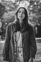 Wall Mural - black and white portrait of a woman in bulgaria varna sea garden, model shooting 