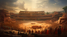 A Vast Roman Amphitheater, With Gladiators Preparing For Combat, Illustrating The Entertainment And Societal Norms Of Ancient Rome