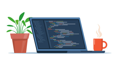 Poster - Laptop with cup of coffee and plant in pot. Workplace of coder, online programmer. Coding and programming, developing sites using special language. Vector illustration.