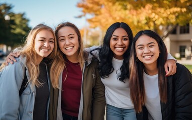 Wall Mural - Smiling portrait of a diverse group of students on a college campus. Generative AI