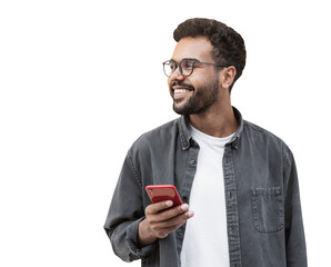 young handsome man using smartphone isolated transparent png. smiling student men with mobile phone 