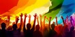 Pride parade people raising hands and rainbow flag. LGBTQ pride. Generative AI