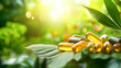 Medical pills, vitamins in colorful coating on green natural background, natural medicine concept