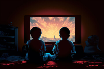 Silhouette illustration of two young boys sat in front of a television with light eminating from it, entertainment tv captives kids