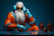 Glamour Santa Claus Making Online Connection With Children All Over The Planet Earth. Modern Design Costume For New Year With Orange And Blue Color. Long Gray Beard With Mustaches.