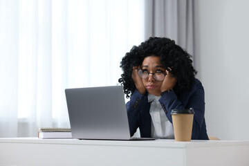 Poster - Deadline concept. Stressed woman sitting near laptop in office. Space for text